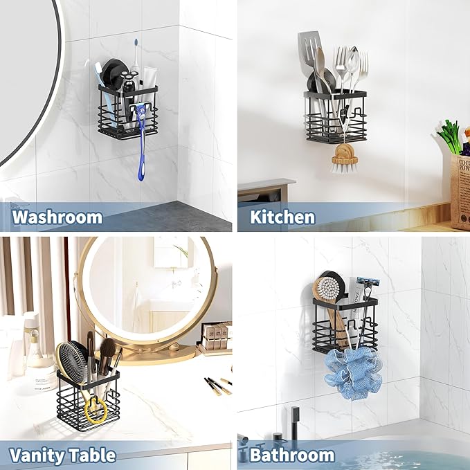 ZUNTO Suction Cup Toothbrush Holder for Bathroom Essentials - Wall-Mounted Suction Shower Caddy, Waterproof & Rustproof, Stylish Matte Black Design for Toothbrushes, Toothpaste, and Facial Cleansers