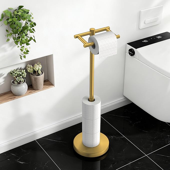 Toilet Paper Holder Stand Adjustable, Freestanding Tissue Roll Holder for Bathroom, Pivoting Design, Durable SUS 304 Stainless Steel and Weighted Base Toilet Paper Stand, Storage (Brushed Gold)
