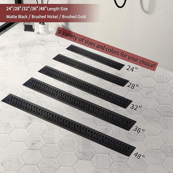 24 Inch Linear Shower Drain, Matte Black Shower Drain,Removable Grate, 304 Stainless Steel, Easy to Install and Clean for Bathrooms (Drain Base Not Included), LSD-51A-24B