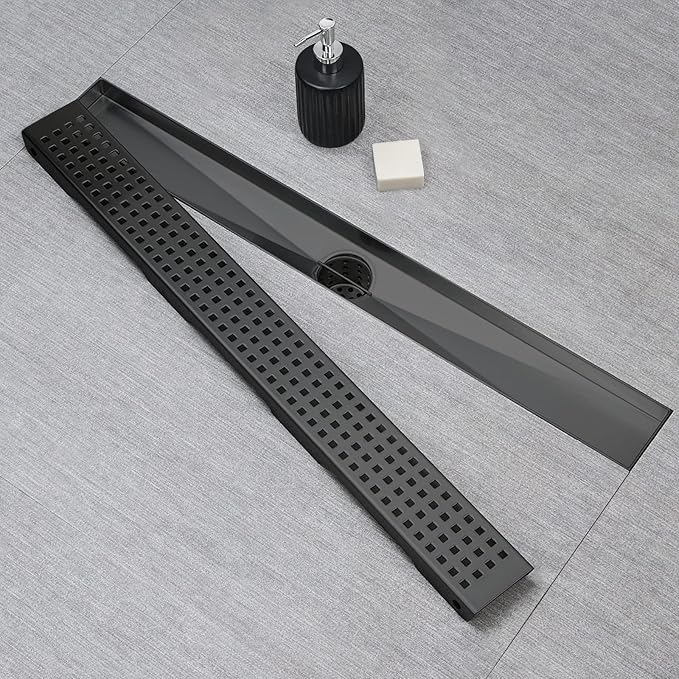 SaniteModar Linear Shower Drain, Matte Black Shower Drain 24 inch with Removable Grate,Brushed 304 Stainless Steel Shower Drain Include Hair Strainer,Adjustable Leveling Feet
