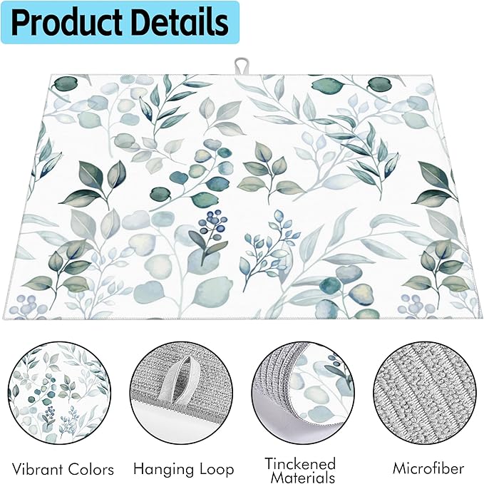 Large Dish Drying Mat for Kitchen Counter,18"X24" Watercolor Green Eucalyptus Leaves Absorbent Reversible Microfiber Dish Drying Mat Dish Drainer Mat Drying Pad for Kitchen Countertop Coffee Bar