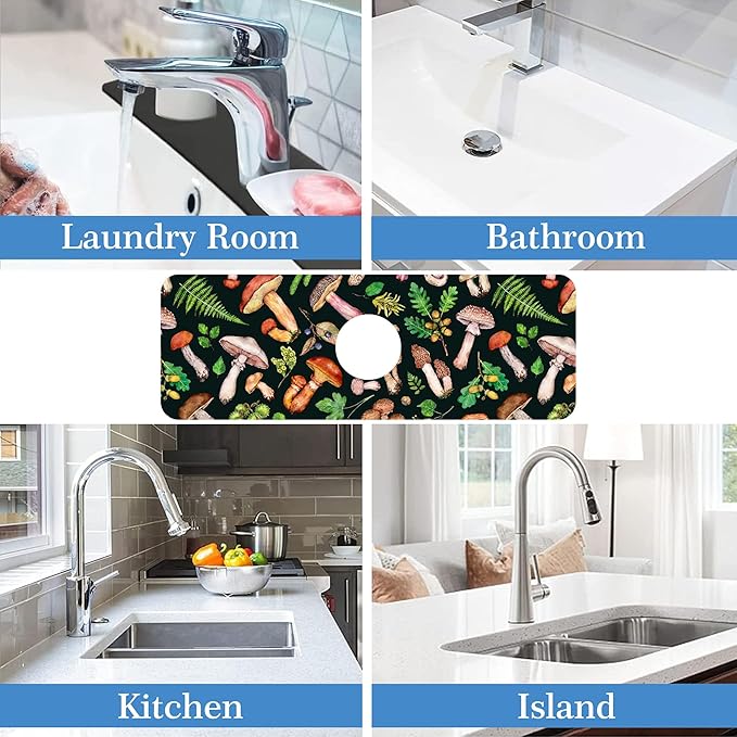 Mushroom Fern Leave Acorn Faucet Mat for Kitchen Sink Watercolor Forest, Soft Diatom Mud Material, Strong Water Absorption, Non-slip, Easy to Clean for Bathroom, Kitchen 15"X5.5"