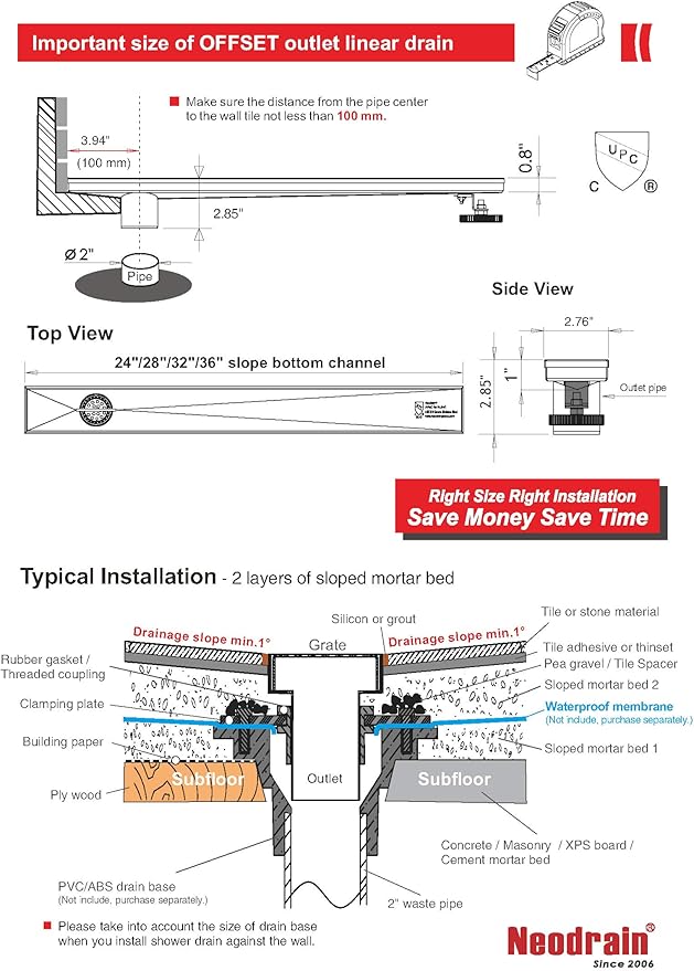 Neodrain 36-Inch Offset Side Outlet Linear Shower Drain with Quadrato Pattern Grate Cover, Brushed 304 Stainless Steel Rectangle Shower Floor Drain, with Leveling Foot, Hair Strainer Catcher