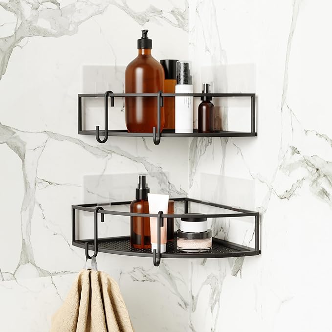 Umbra Cubiko Shower Corner Shelf, Metal Floating Shelves with Adhesive Mounting Strips, 2-Pack, Black