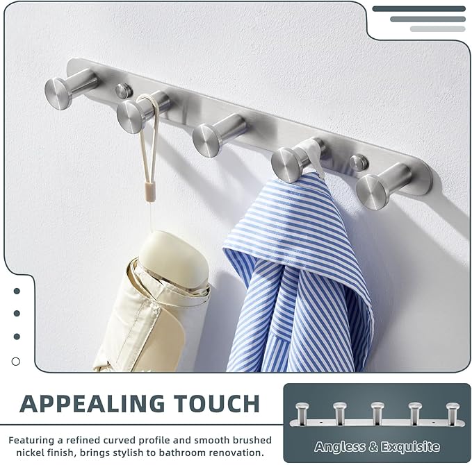 Angle Simple Towel Hook Rack with 5 Hooks, SUS304 Stainless Steel Bathroom Robe Coat Hook Rail, Towel Holder Wall Mounted, Brushed Nickel