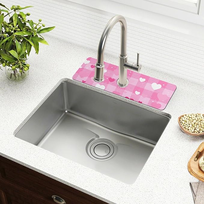 Kitchen Sink Splash Guard 2 PCS 14.7 Inch Sink Faucet Mat Splash Guard for Bathroom Countertop Water Absorbent Foldable Cuttable Soft Washable Plaid Checkered Pink White Hearts Dots