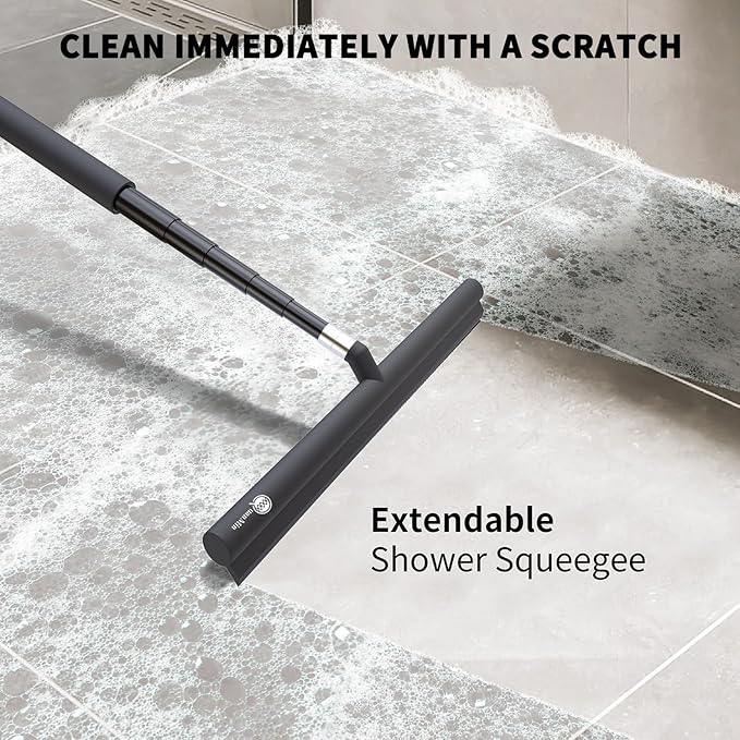 12 Inch Squeegee Shower Doors,Shower Squeegee with Long Handle,Extension Pole Squeegee, Bathroom Squiggy for Shower Glass,Car,Windshield, Doors,Up to 47 Inch,Black