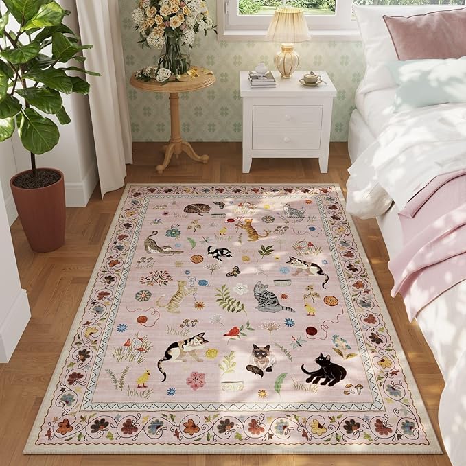 Rugcomf Area Rug 4x6 Rug Washable Boho Rugs Non Slip Low Pile Floral Animal Cat Small Carpet for Bedroom Bedside Kids Room Office Dining Room, Pink