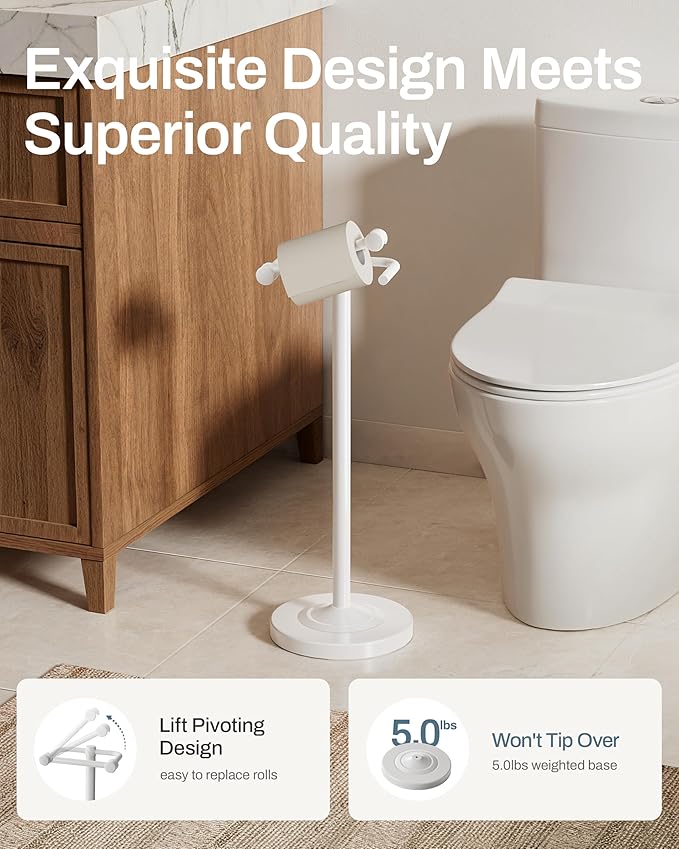 Freestanding Toilet Paper Holder, Double Post Pivoting 22" Height Toilet Roll Holder Floorstanding Base Weighted, Stainless Steel Toilet Paper Holder Stand (White)