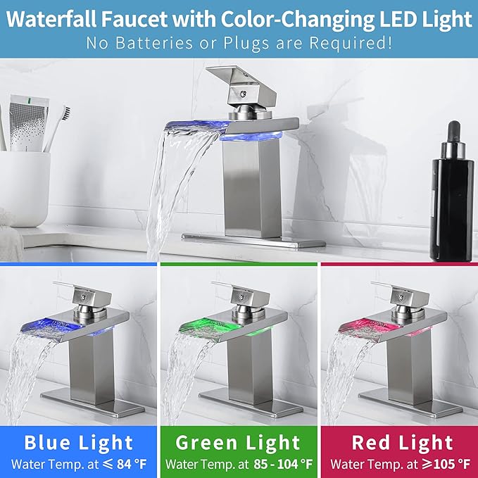 LED Bathroom Sink Faucet - Brushed Nickel Single Hole or 4 Inch Centerset Waterfall Faucet with Stainless Steel Spout and Temperature-Sensitive LED Lights, Includes Deck Plate