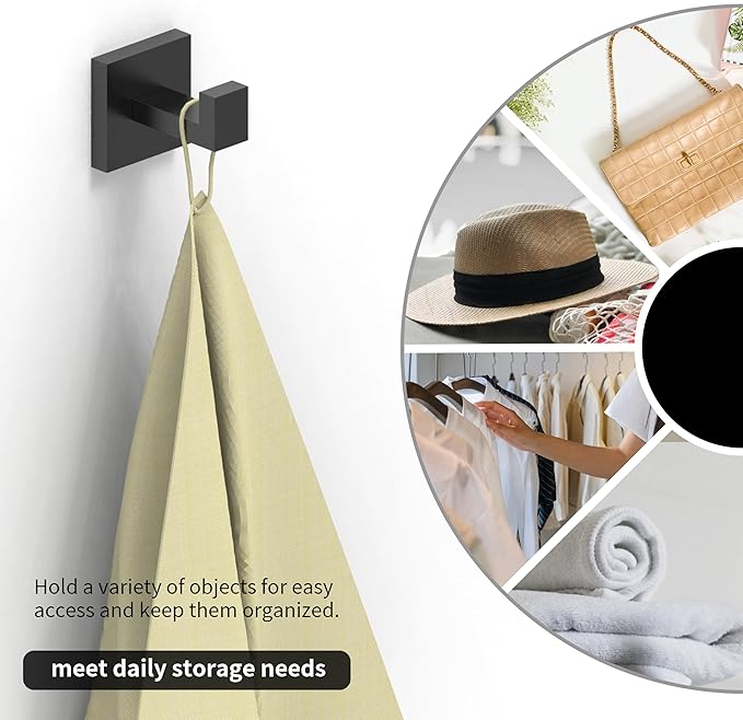 Ruacq Towel Hooks for Bathrooms, Heavy Duty Stainless Steel Square Bathroom Hooks, Wall Mounted Towel Hanger for Robe & Coat, Ideal for Kitchen, Bedroom, and Hotel Use(Matte Black, 2 Pack)