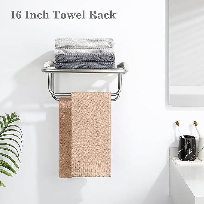 Alise Towel Rack for Bathroom,16 Inch Brushed Towel Holder for Lavatory,Towel Hanger with Double Towel Bars for Bath Wall,Wall Mount SUS304 Stainless Steel Towel Drying Storage Shelf,GYSJ9240-LS