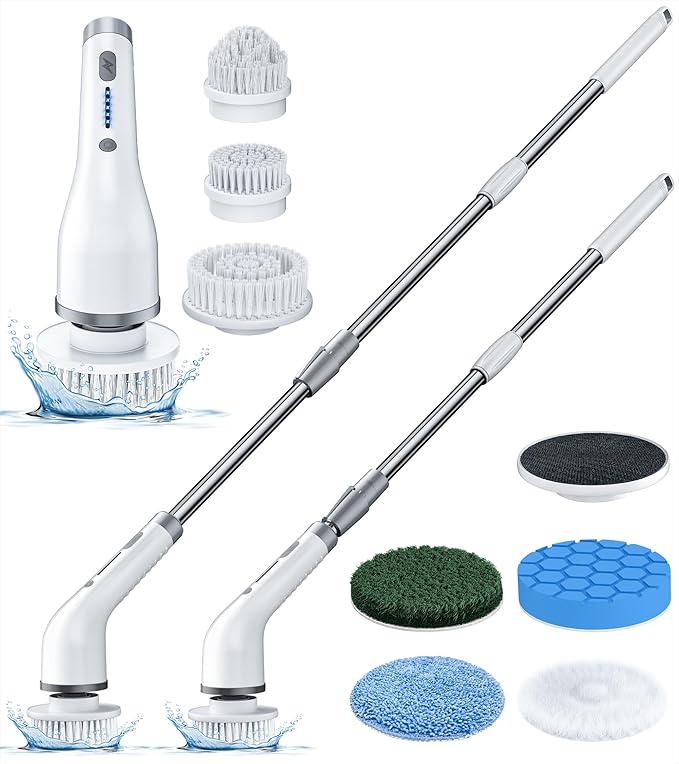 Electric Spin Scrubber Shower Scrubber Power Cleaning Brush, 7 Brush Heads 2 Powerful High Speeds 90 Min Runtime Waterproof Scrubber Brush for Bathroom Bathtub Floor Tile Sink
