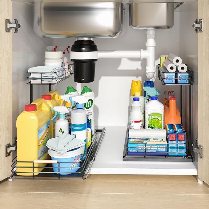 LAMU 2Pack Under Sink Organizers and Storage, 2 Tier Bathroom Kitchen Cabinet Organizers and Storage, Pull Out Under Sink Storage Kitchen Shelf Organizer for Under Counter Storage Organizer