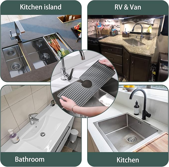 Faucet Mat for Kitchen Sink, Silicone Faucet Handle Drip Catcher Tray, Drying Mat as Sponge and Soap Holder with Lateral Inflow for Kitchen Bathroom Farmhouse & RV Sink Accessories (Grey)