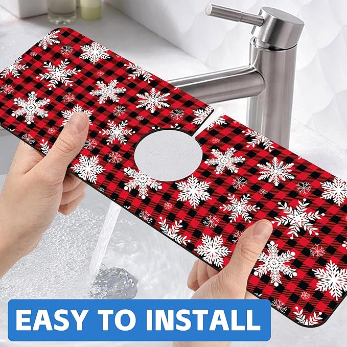 Christmas Snowflake Kitchen Sink Splash Guard Mat Buffalo Plaid Absorbent Fast Drying Mat Faucet Draining Mat Sink Splash Guard Behind Faucet Drip Catcher for Kitchen Bathroom 5.5"×15"