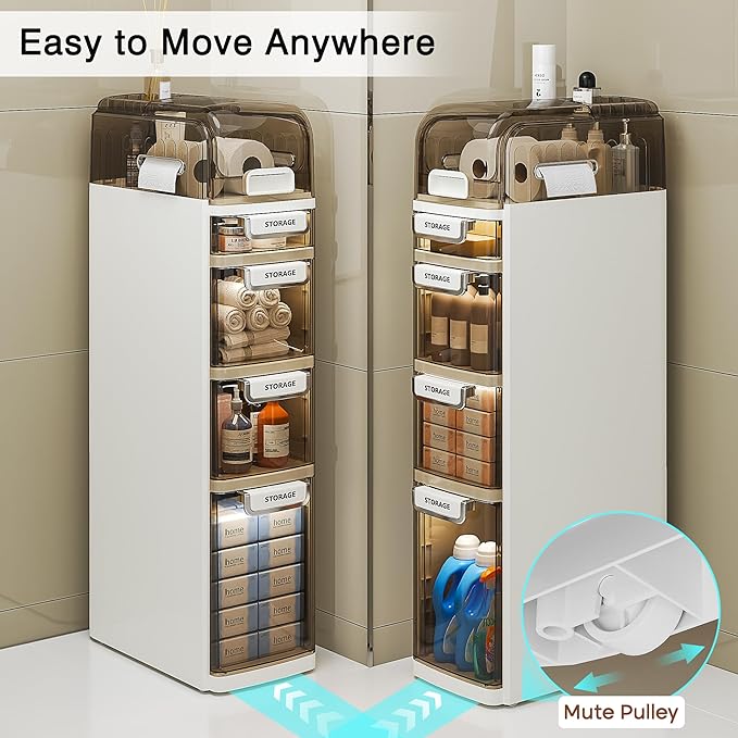 VECELO 5-Tier Narrow Toilet Storage Cabinet, Plastic Slim Toilet Paper Storage with Drawers & Wheels, Space-Saving, for Small Spaces, Laundry Room, Kitchen, Office, White
