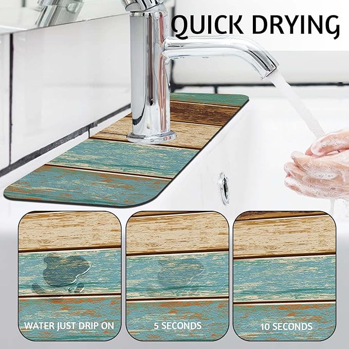 MCALK Wood Pattern Teal Kitchen Sink Faucet Mat Splash Guard, Absorbent Quick-Dry Kitchen Sink Mat - Ideal for Splash Guard & Drip Catching with Farmhouse Art Decor( 1pc 15"x5.5")