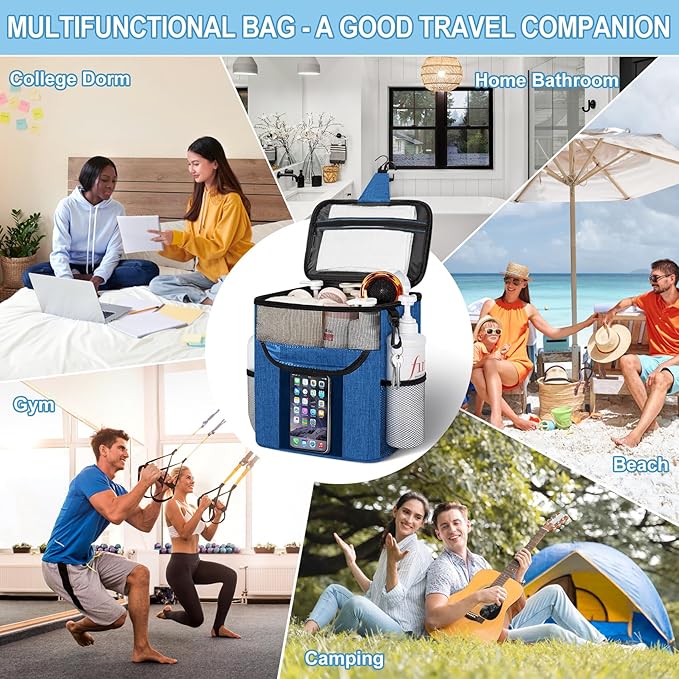 Portable Shower Caddy for Dorm Room Essentials, Foldable Mesh Shower Bag for College, Large Capacity Toiletry Bag Tote Bag Shower Caddy Portable for Student Boy Girl Bath Essentials (Blue)