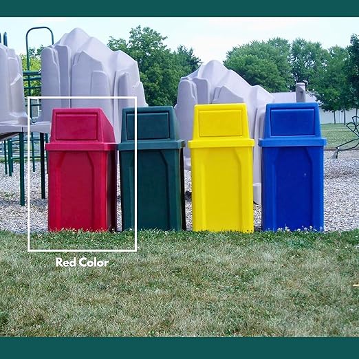 Campus Collection 32 Gallon Square Slatted 100% Recycled Plastic Heavy Duty Outdoor Trash Can with Push Top Lid - Great for Schools and Businesses - Red
