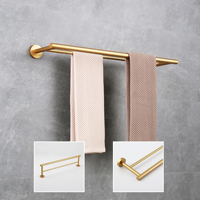 GERZWY Bathroom Double Towel Bar 24-Inch Gold Stainless Steel Modern Round Style Bath Hand Towel Rack Wall Mount