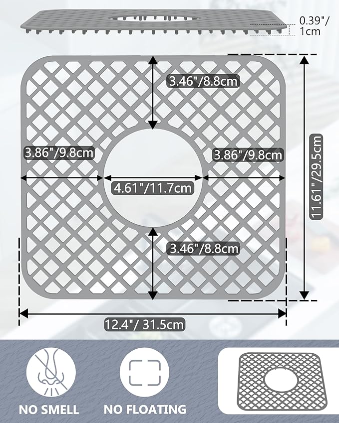 2 Pack Silicone Sink Protector for Kitchen Sink, Lozenge Pattern 12 x 11" Sink Grid Mat Silicone Protectors, Center Drain, Gray