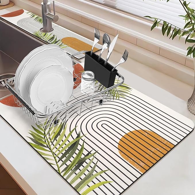 19.5" x 12" Dish Drying Mat & 24" x 5.5" Sink Splash Guard, Super Absorbent Drainer Rack Mat for Kitchen Counter Coffee Bar