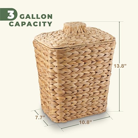 Wicker Trash Can with Lid and Liner - Rattan Trash Can for Bathroom - Decorative Wicker Waste Basket for Bedroom, Kitchen and Office (Natural Hyacinth)