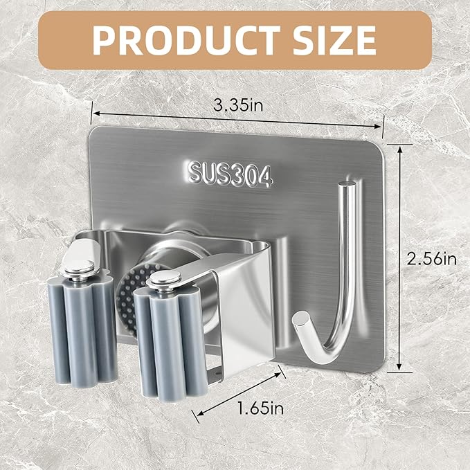 Mop and Broom Rack, Used for Hanging and organizing Tube-Shaped Tools Such as mops and Brooms, with Hooks, Elegantly Releasing Space, Suitable for bathrooms, Kitchens, Offices, etc (Silver)