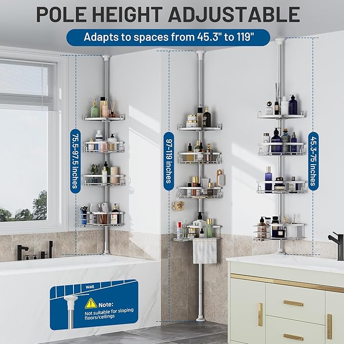 Corner Shower Caddy Tension Pole, 4 Tier Adjustable No Drill Rustproof Large Capacity Space-Saving Shower Shelves Organizer Storage Rack 45.29-119in for Bathroom Bathtub Family Renters, Chrome