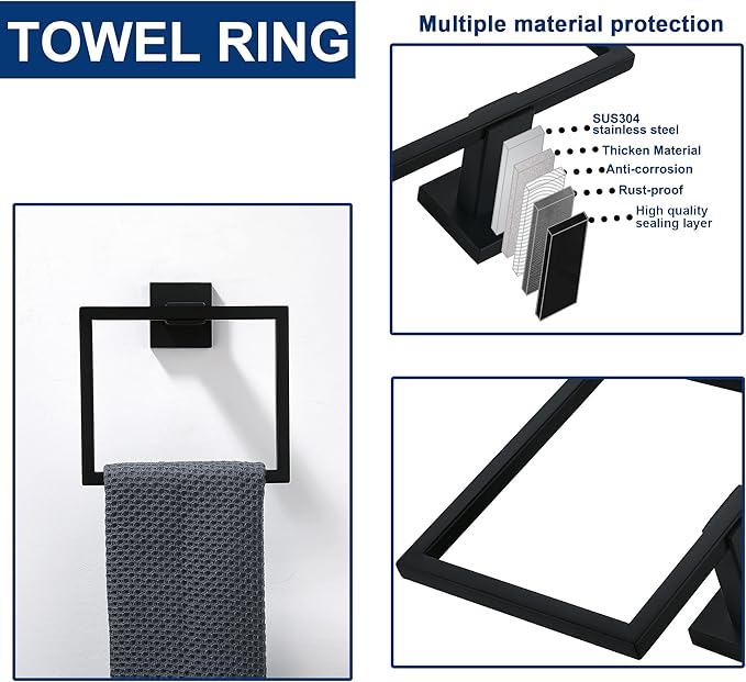 10 Pieces Bathroom Hardware Accessories Set Black, Bathroom Towel Rack Set SUS304 Stainless Steel, Square Bath Towel bar Set Heavy Duty, Wall Mounted