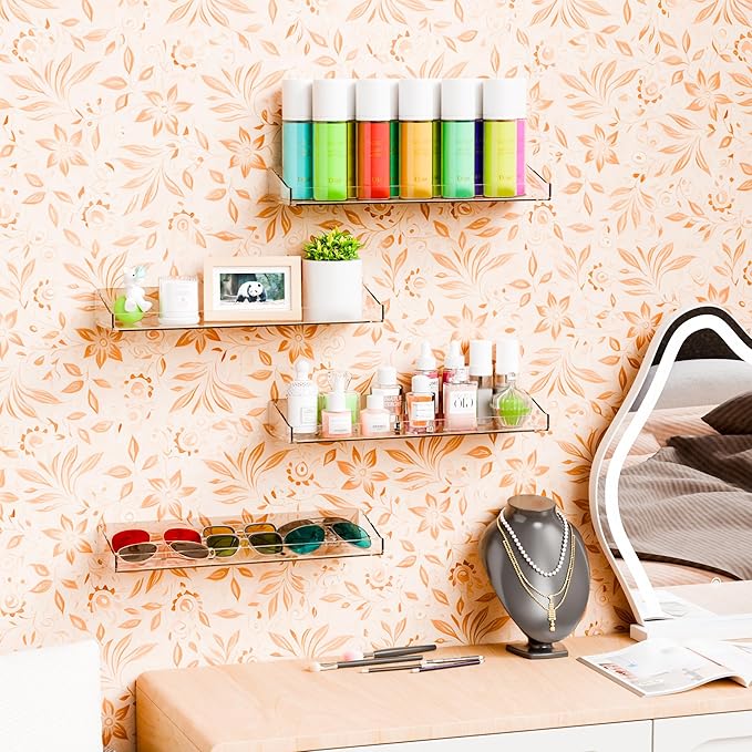 Yieach 4 Pack Clear Shower Shelves for Tile Walls,Adhesive Acrylic Bathroom Shelves Organizer and Storage,No Drill Acrylic Shower Wall Caddy & Shelf,Floating Shelves for Makeup,Perfume,Shampoo Holder