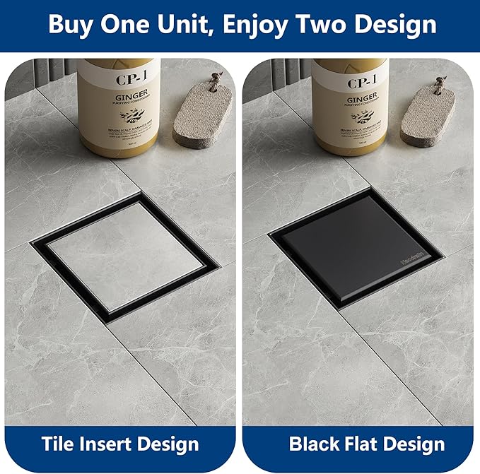 Neodrain 4-Inch Square Shower Drain with Removable Tile Insert Grate, 304 Stainless Steel, Includes Shower Drain Base Hair Strainer, Matte Black