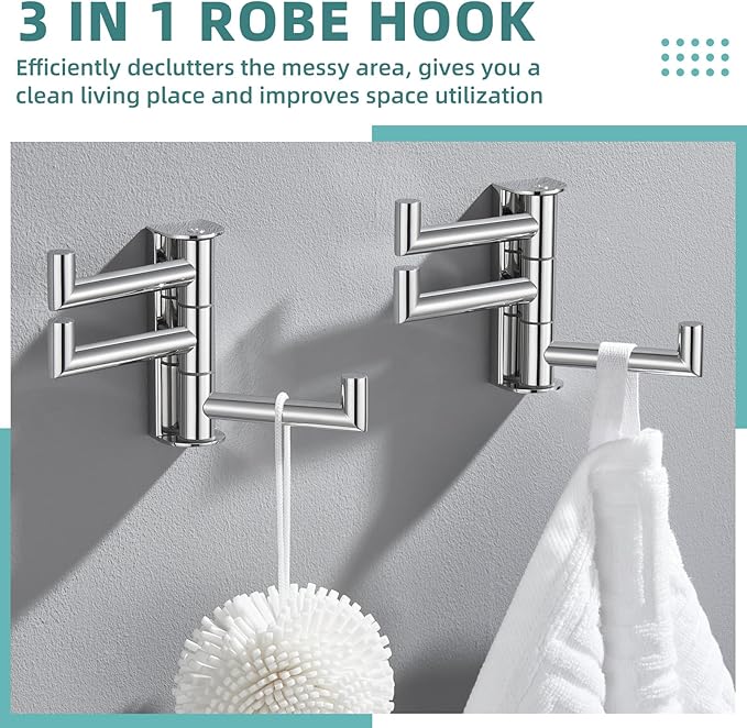 APLusee Polished Chrome Swivel Towel Hook 2 Pack, 304 Stainless Steel Coat Hook with 3 Arms, Wall Mounted