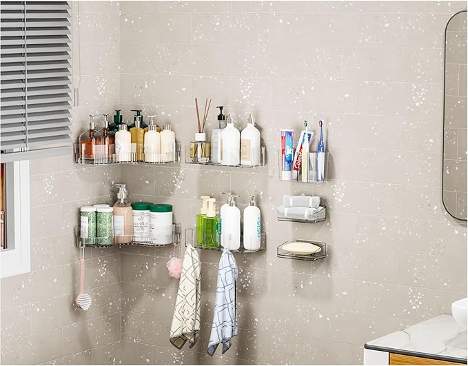 SuoXing 7 Pack Adhesive Corner Shower Caddies,100% Rustproof Acrylic Shower Shelves for Inside Shower,Large Capacity Plastic Wall Mounted Bathroom Shower Organizer with 8 Hooks,No Drilling,Clear