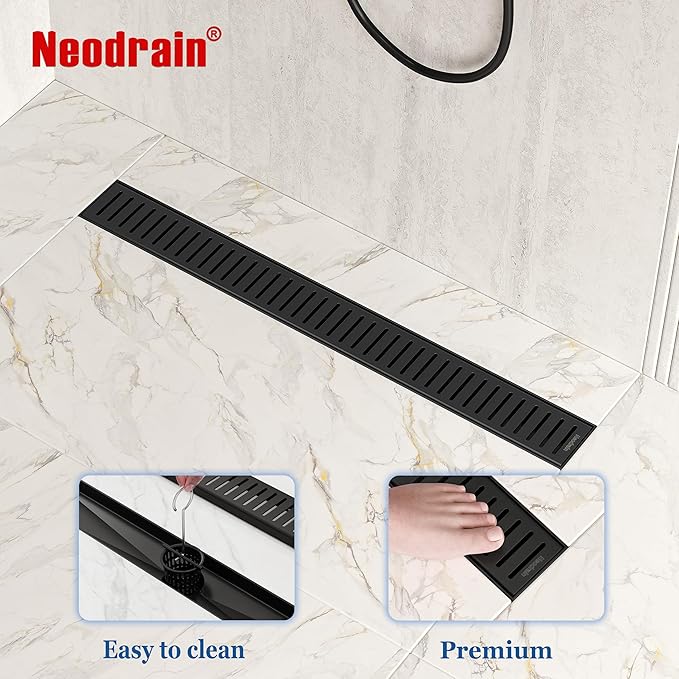 Neodrain 28" Matte Black Bathroom Linear Shower Drain with Removable Capsule Pattern Grate, 304 Stainless Steel Shower Floor Linear Drain- CUPC Certified with Hair Strainer