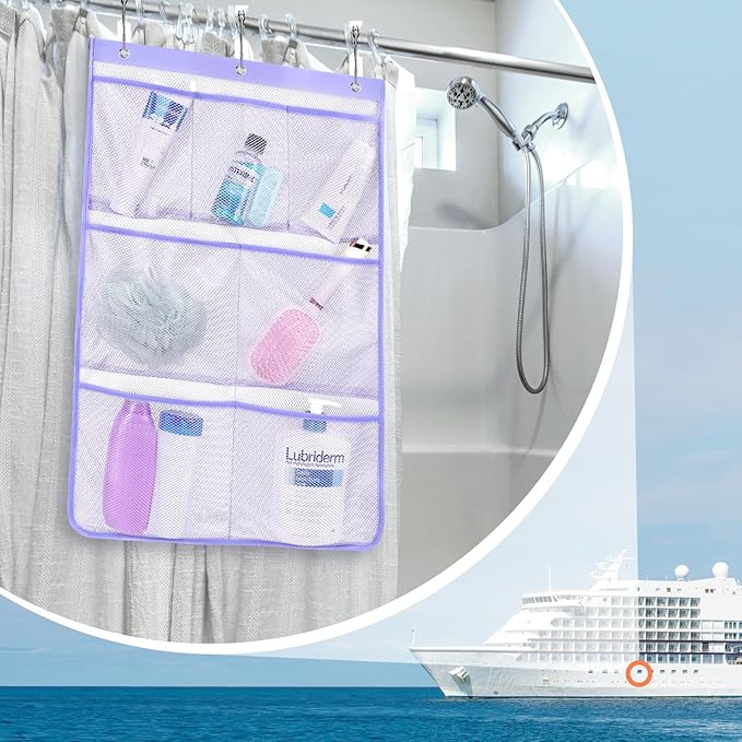 F-color Cruise Essentials 2026 - Mesh Shower Organizer Hanging with 7 Pockets for RV Gym Camping, Quick-Dry Portable Toiletry Bag with Metal Hooks for Bathroom Travel Toiletries