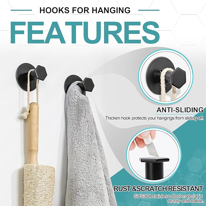 SAYAYO Adhesive Hooks for Hanging Coat, Hat, Robe, Brushes, Stick on Towel Hooks for Bathroom Kitchen, Waterproof SUS304 Stainless Steel Sticky Wall Hooks, No Nails, 4 Pack, Black