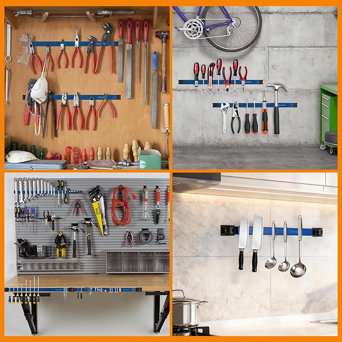 18" Magnetic Tool Holder Strip, 4 Pieces Blue Metal Tool Organizer Rack with Stainless Steel Surface, Magnet Bar for Garage Workshop, Easy To Install with Mounting Screws