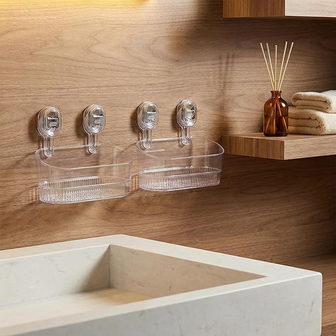 No Drill Bathroom Organizer with Strong Suction Cups, Heavy Duty Shower Organizer Holds 10lbs, Bathroom Shelf for Shampoo, Soap, Razor, Toothbrush (transparent)