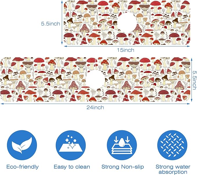 Cartoon Mushrooms Dish Drying Mat for Kitchen Sink Splash Guard Behind Faucet Sink Mat Absorbent Fast Drying Faucet Draining Mat for Bathroom Kitchen 5.5"×24"