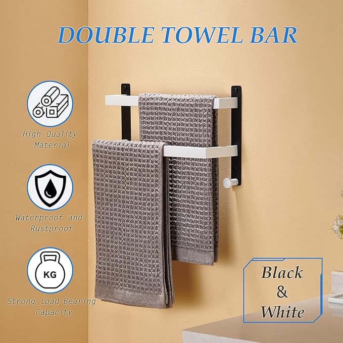 Bath Double Towel Bars with Hooks, 16 Inch Stainless Steel Towel Rail, Wall Mount Towel Rack for Bathroom Lavatory, White & Black