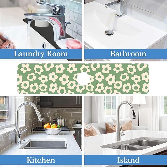 Faucet Mat Splash Guard Groovy Flower Silhouette, Soft Diatom Mud Material, Strong Water Absorption, Non-slip,Easy to Clean for Bathroom, Kitchen 23.5"X5.5"