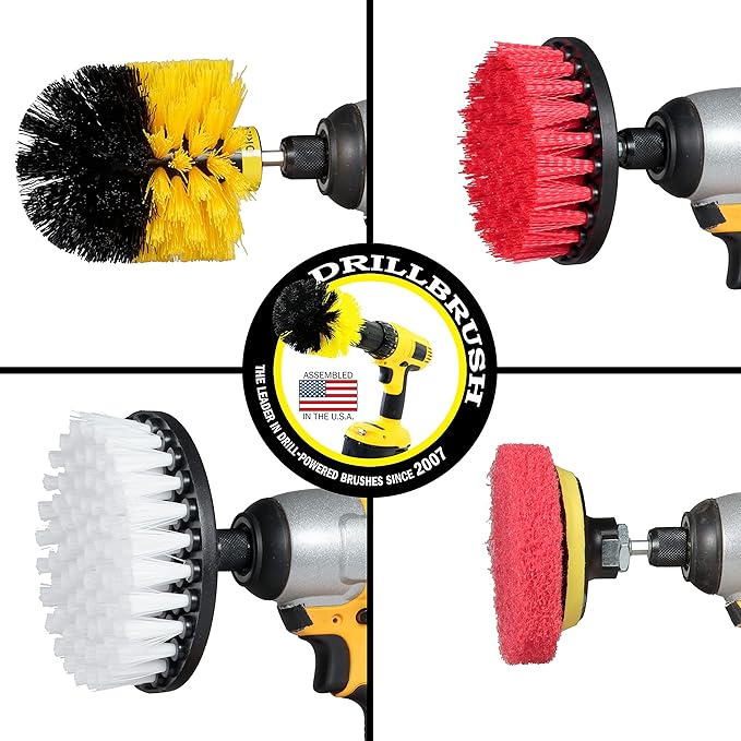 Drillbrush Variety & Medium Stiffness Green Kitchen Cleaning Kit - 7 Brushes & 3 Pads - Tile, Grout, Bathtub, Sinks & More - Nylon Bristles & Pads - 90 Day No Questions Asked Return