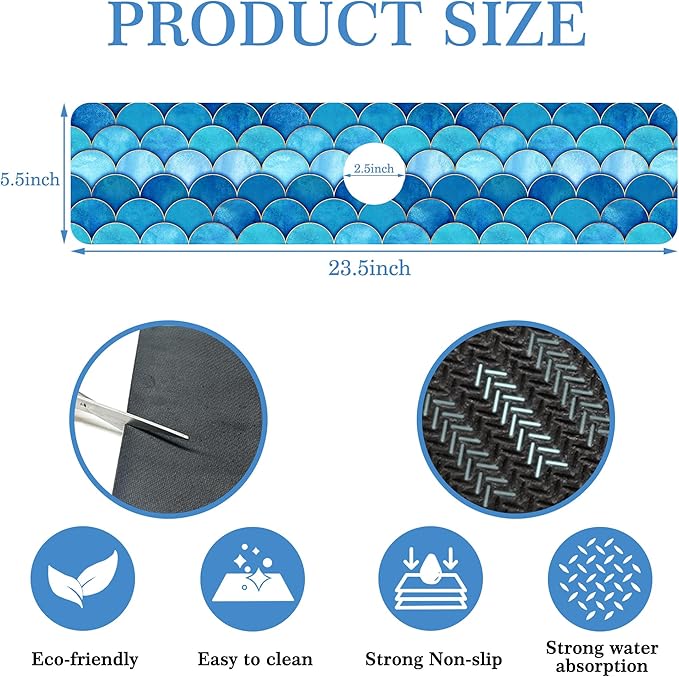 Mermaid Fish Scale Wave Faucet Mat Splash Guard Scale Texture, Soft Diatom Mud Material, Strong Water Absorption, Non-slip,Easy to Clean for Bathroom, Kitchen 23.5"X5.5"