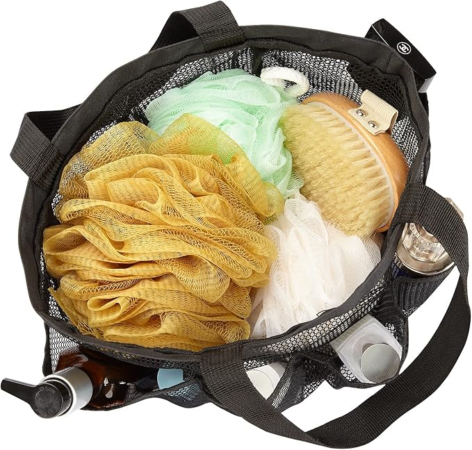HAOGUAGUA Mesh Shower Caddy Tote Bag 8 Pockets, Hanging Portable Toiletry Bag for Men and Women, College Dorm Essentials Quick Dry Bath Organizer for College Dorms, Gym, Camp (Black)