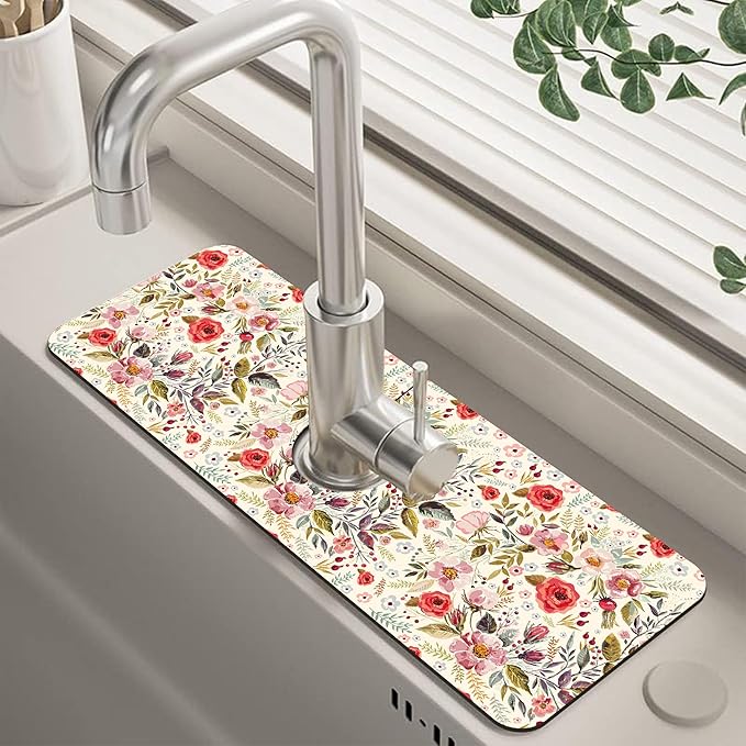 Abstract Red Pink Floral Dish Drying Mat for Kitchen Sink Splash Guard Behind Faucet Sink Mat Absorbent Fast Drying Faucet Draining Mat for Bathroom Kitchen 5.5"×15"