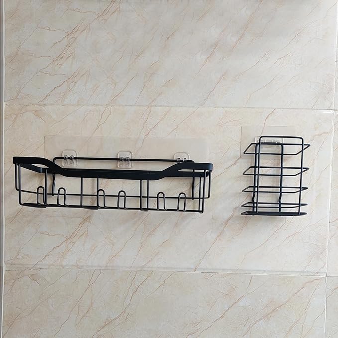 Bathroom Organizer 2 Pack with Shower Hooks,Shower Caddy,Stand Toothbrush Holder Wall Mounted,Durable,Rustproof,Waterproof,Scratch-proof and Anti-corrosion - Black Toothbrush Holder