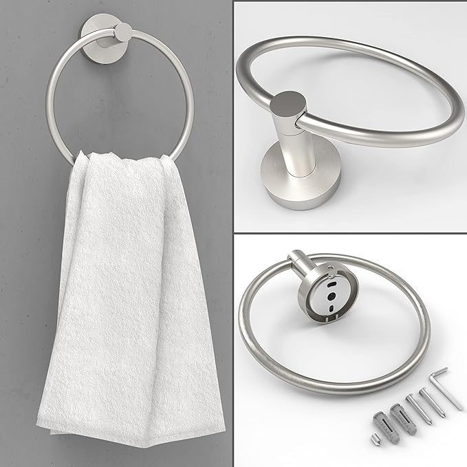 Brushed Toilet Paper Holder & Towel Ring SUS304 Stainless Steel 2pc Bathroom Hardware Set with Double Post Pivoting Toilet Paper Roll Holder Wall Mount & Bathroom Towel Holder Set