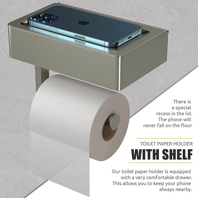 Brushed Nickel Toilet Paper Holder Wall Mounted with Shelf & Wipes Storage – Stainless Steel SUS304 Modern Toilet Tissue Roll Holder for Bathroom, Kitchen – Adhesive and Screw Installation - 2 Pack